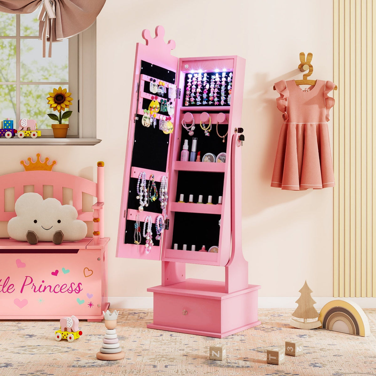 Kids Jewelry Armoire with 3-Color Lighted Full Length Mirror and Inside Led Lights