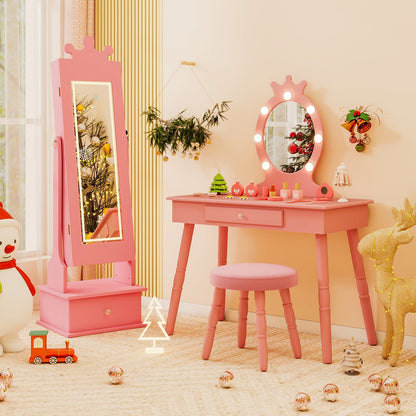 Kids Jewelry Armoire with 3-Color Lighted Full Length Mirror and Inside Led Lights