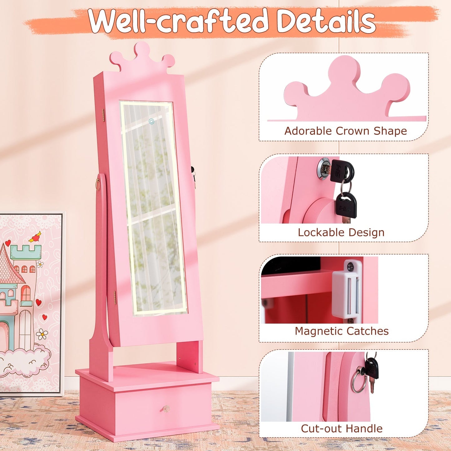 Kids Jewelry Armoire with 3-Color Lighted Full Length Mirror and Inside Led Lights