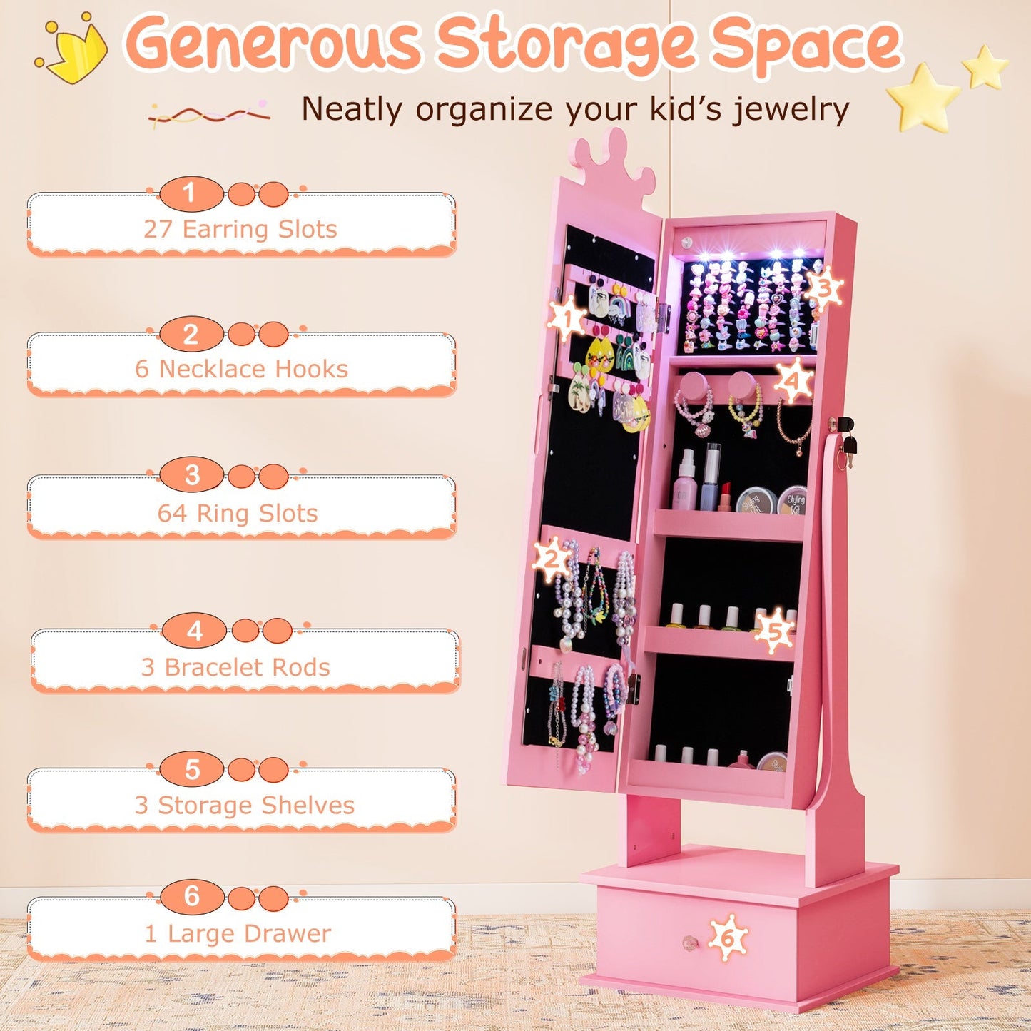 Kids Jewelry Armoire with 3-Color Lighted Full Length Mirror and Inside Led Lights