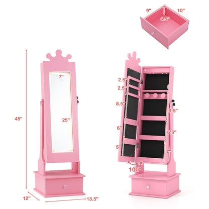 Kids Jewelry Armoire with 3-Color Lighted Full Length Mirror and Inside Led Lights