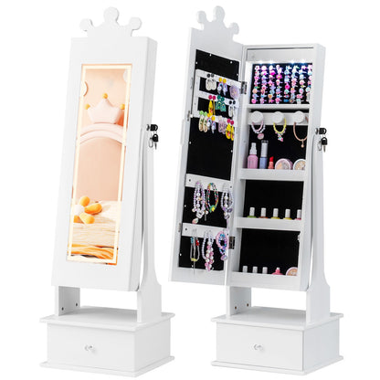 Kids Jewelry Armoire with 3-Color Lighted Full Length Mirror and Inside Led Lights