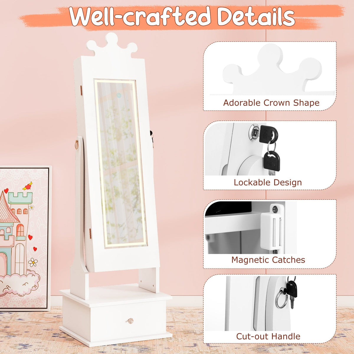 Kids Jewelry Armoire with 3-Color Lighted Full Length Mirror and Inside Led Lights