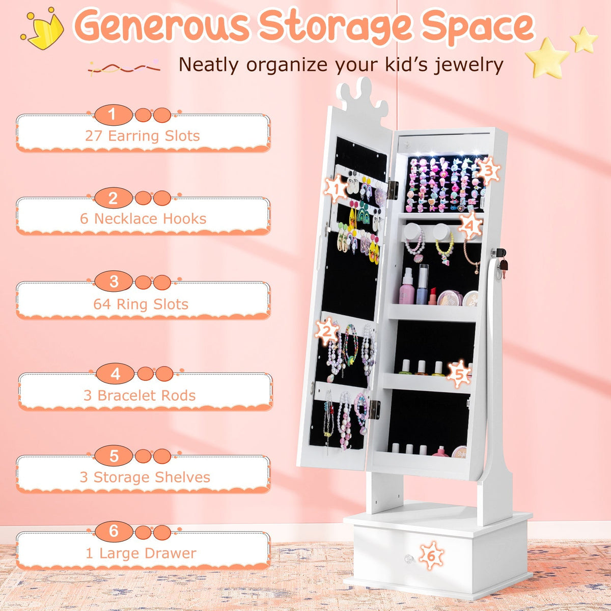 Kids Jewelry Armoire with 3-Color Lighted Full Length Mirror and Inside Led Lights
