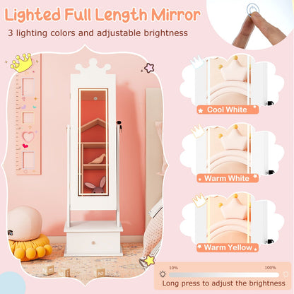 Kids Jewelry Armoire with 3-Color Lighted Full Length Mirror and Inside Led Lights