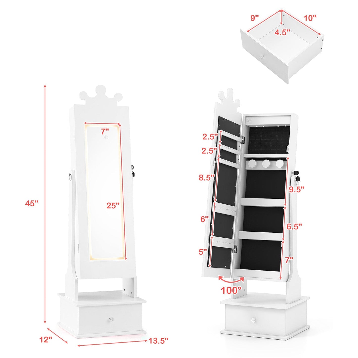 Kids Jewelry Armoire with 3-Color Lighted Full Length Mirror and Inside Led Lights