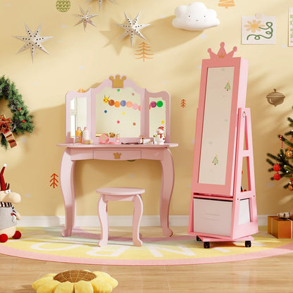 Kids Jewelry Armoire Cabinet with Swivel Base and Lockable Universal Wheels-Pink