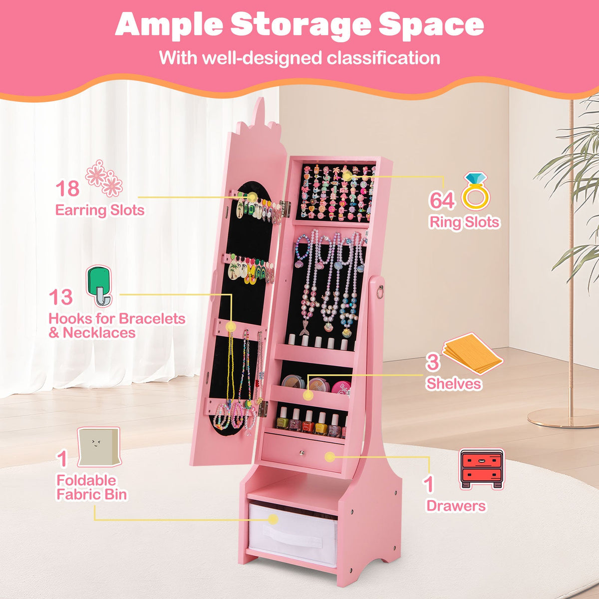 Kids Jewelry Armoire Cabinet with Storage and 2 Tilt Angles-Pink