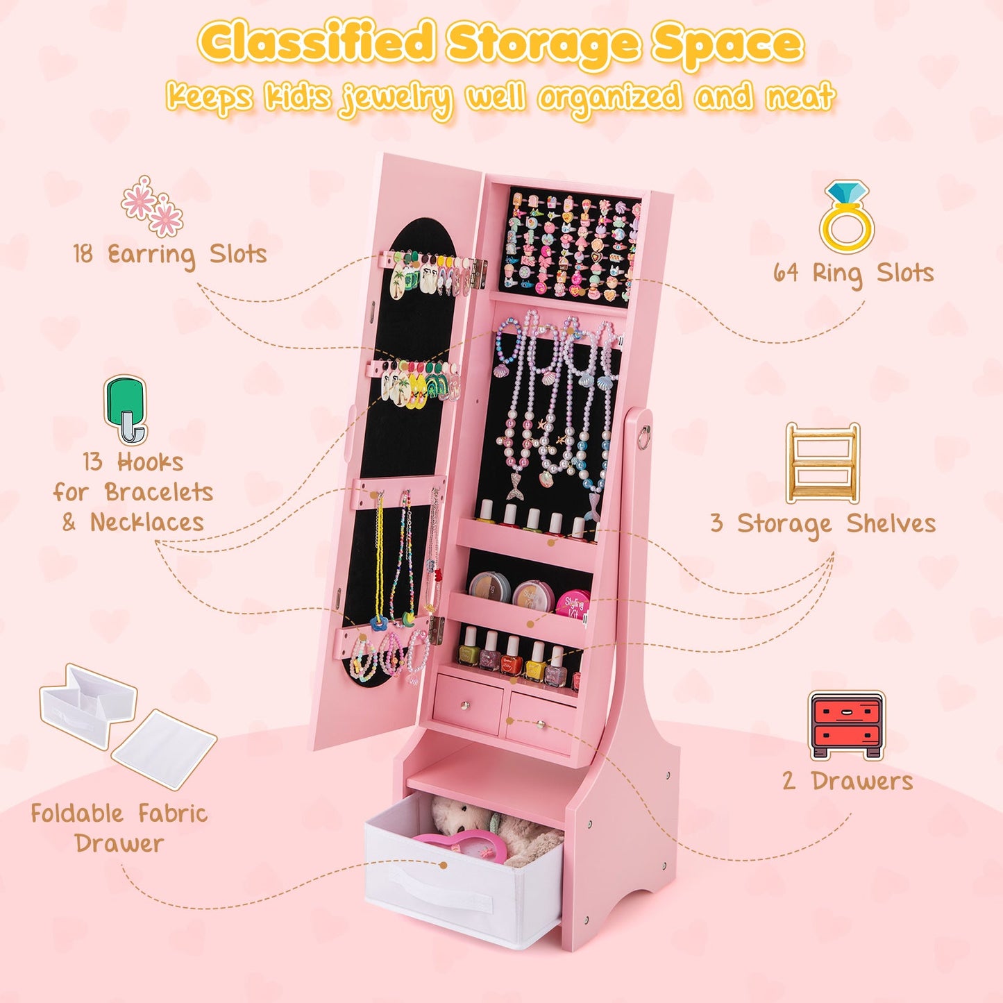 Freestanding Kids Jewelry Armoire Cabinet with Storage and 2 Tilt Angles-Pink
