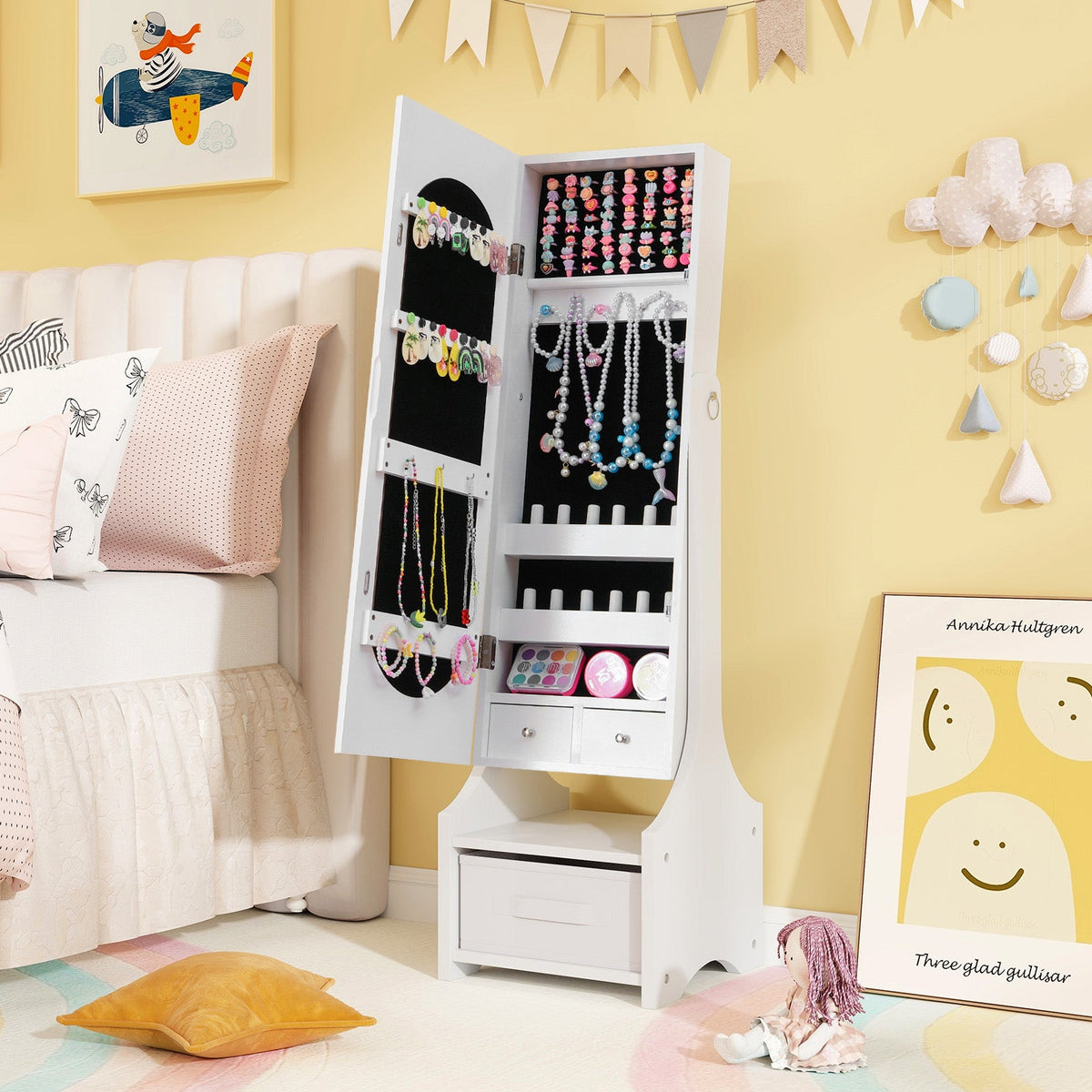 Freestanding Kids Jewelry Armoire Cabinet with Storage and 2 Tilt Angles-White