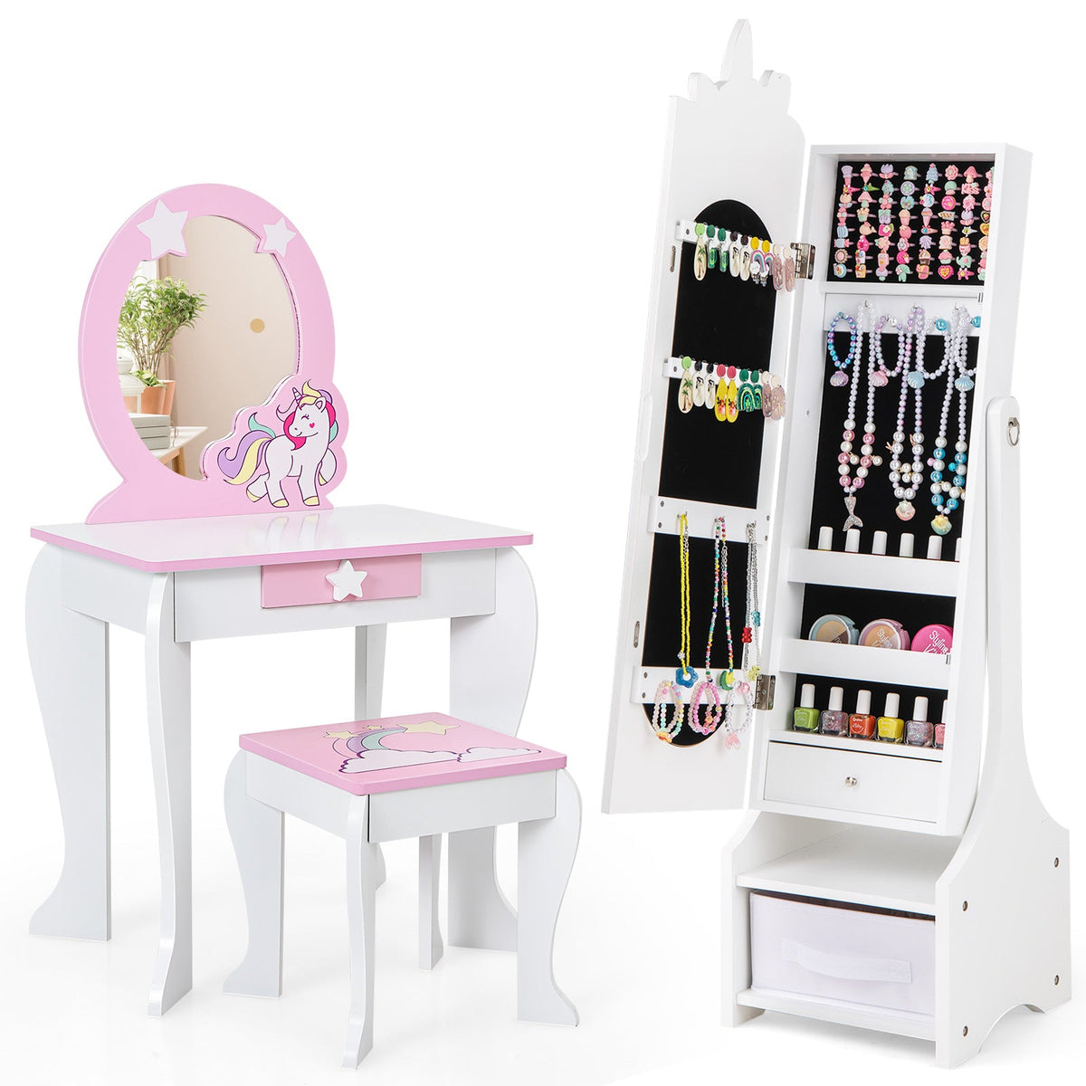 Kids Jewelry Armoire Cabinet with Storage and 2 Tilt Angles-White