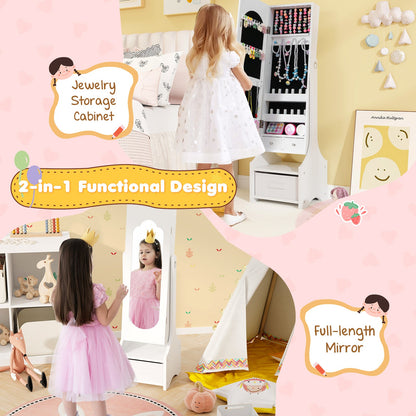 Freestanding Kids Jewelry Armoire Cabinet with Storage and 2 Tilt Angles-White