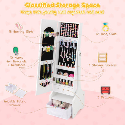 Freestanding Kids Jewelry Armoire Cabinet with Storage and 2 Tilt Angles-White