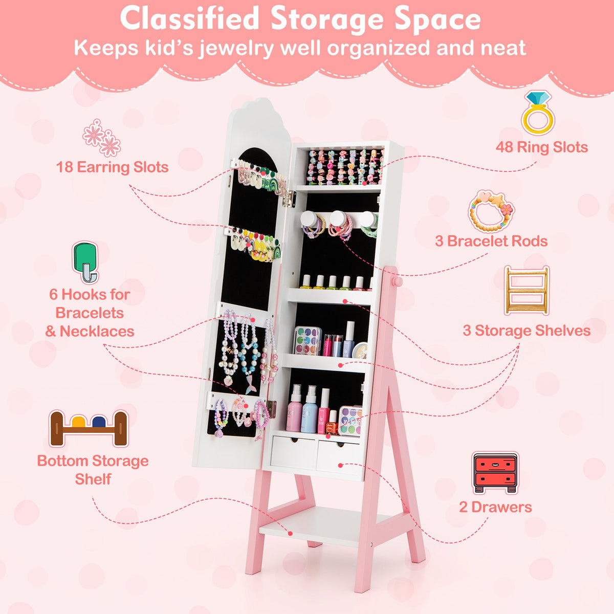 Kids Jewelry Organizer with Full Length Mirror Drawers and Storage Shelves-White
