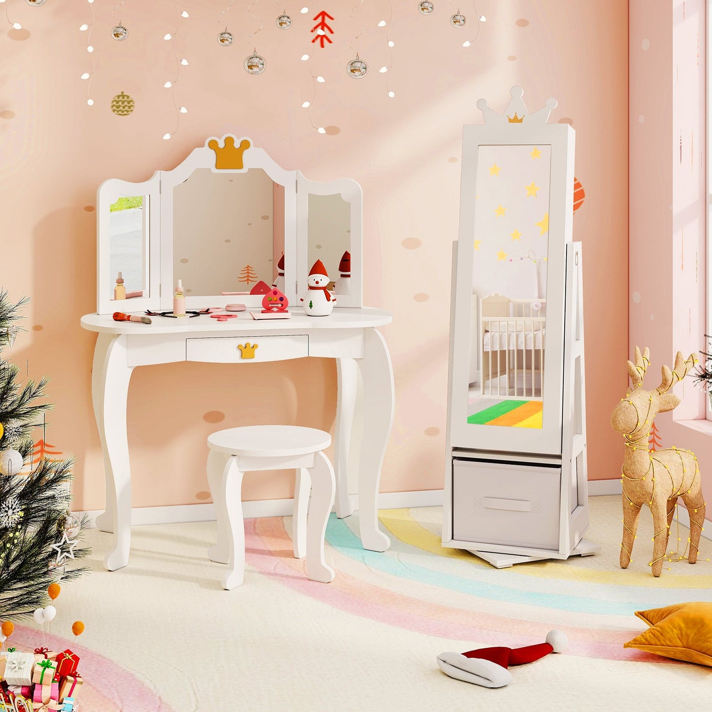 Kids Jewelry Armoire Cabinet with Large Storage Capacity and Swivel Base-White