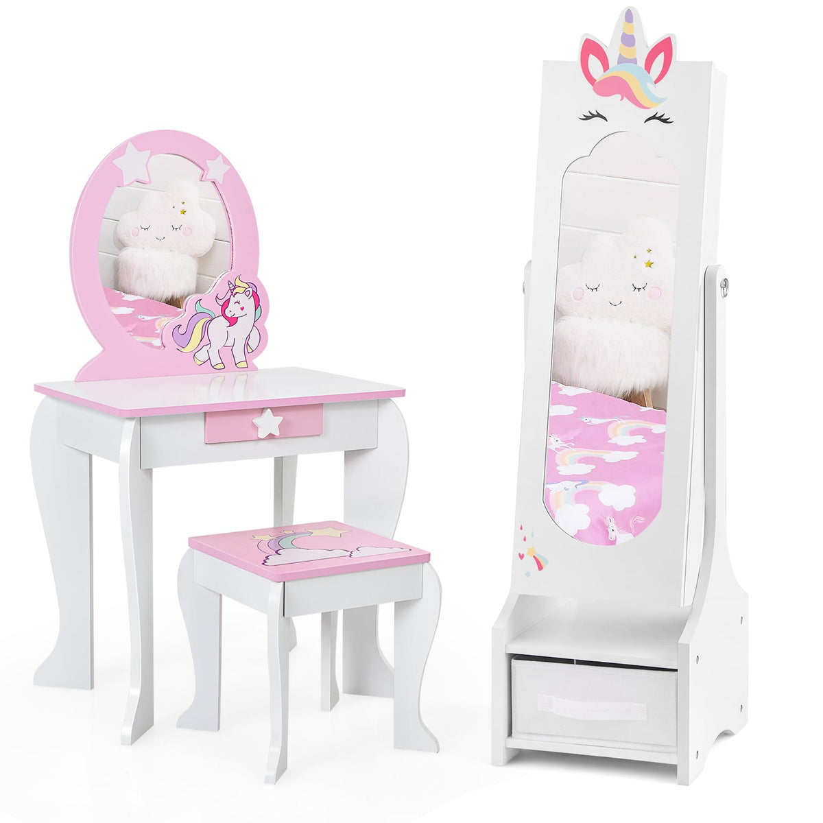 Kids Jewelry Cabinet with Full-Length Mirror for Kids Bedroom and Playroom-White