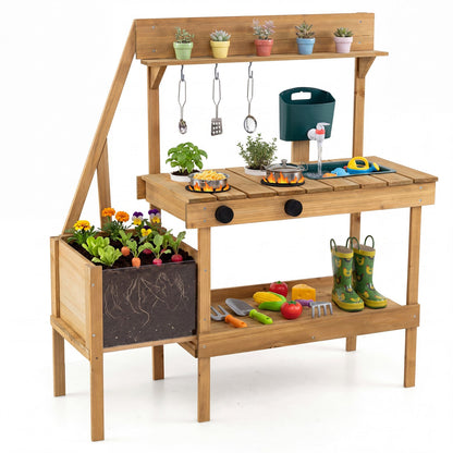 Wooden Mud Kitchen with Planter Box for Kids