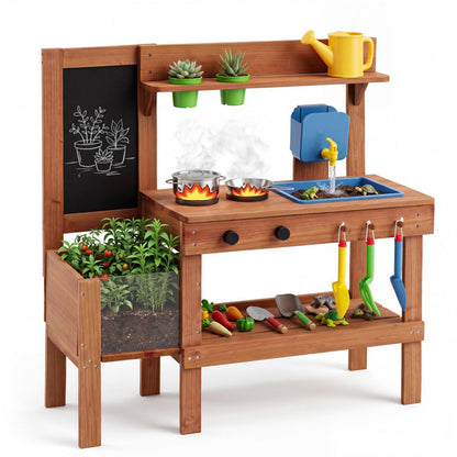 Kids Mud Kitchen with Planter Box and 13 Accessories