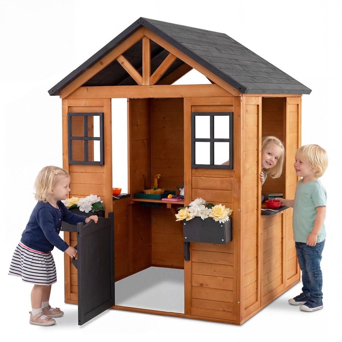 Kids Outdoor Playhouse with Sink Spruce Wooden Cottage with Half Door