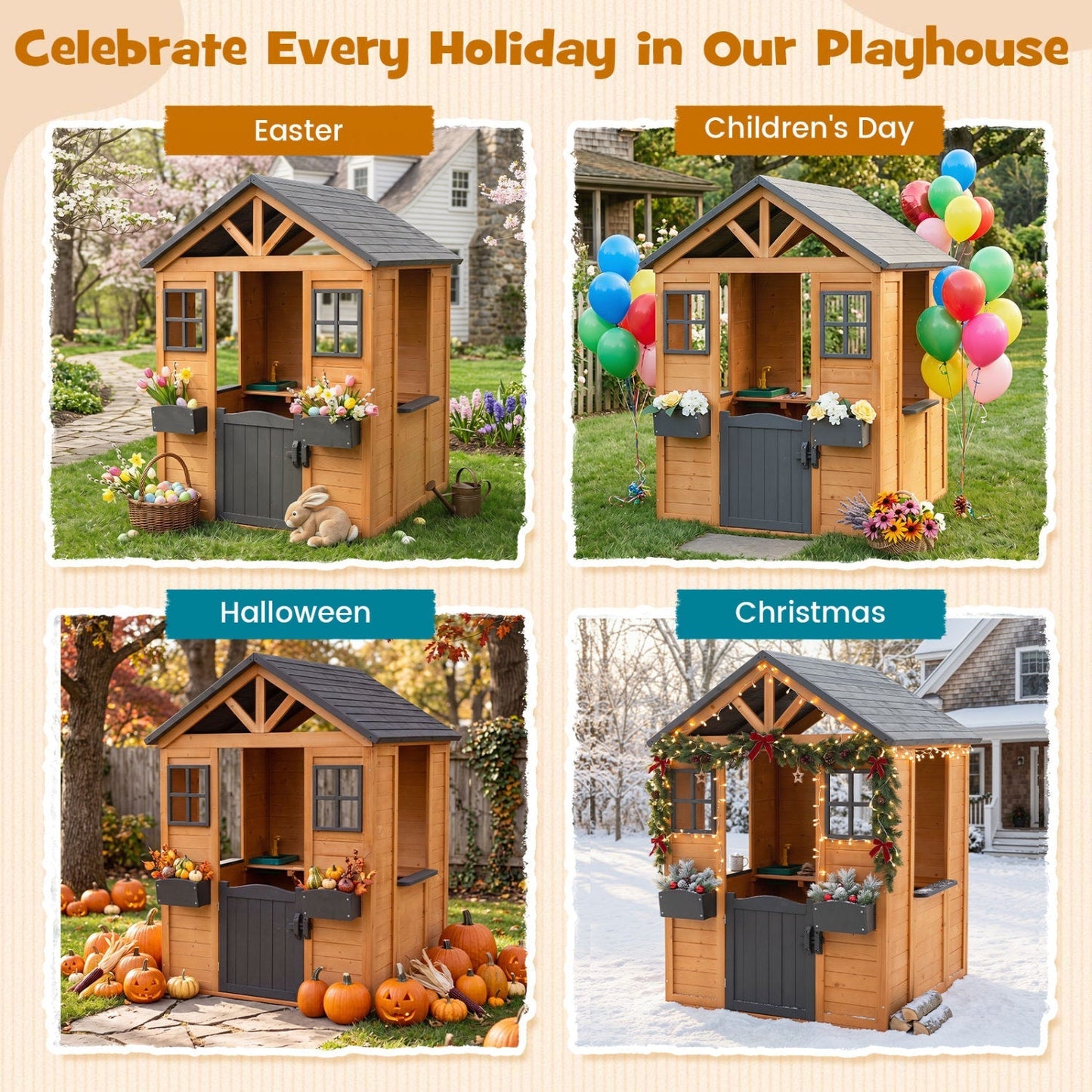 Kids Outdoor Playhouse with Sink Spruce Wooden Cottage with Half Door