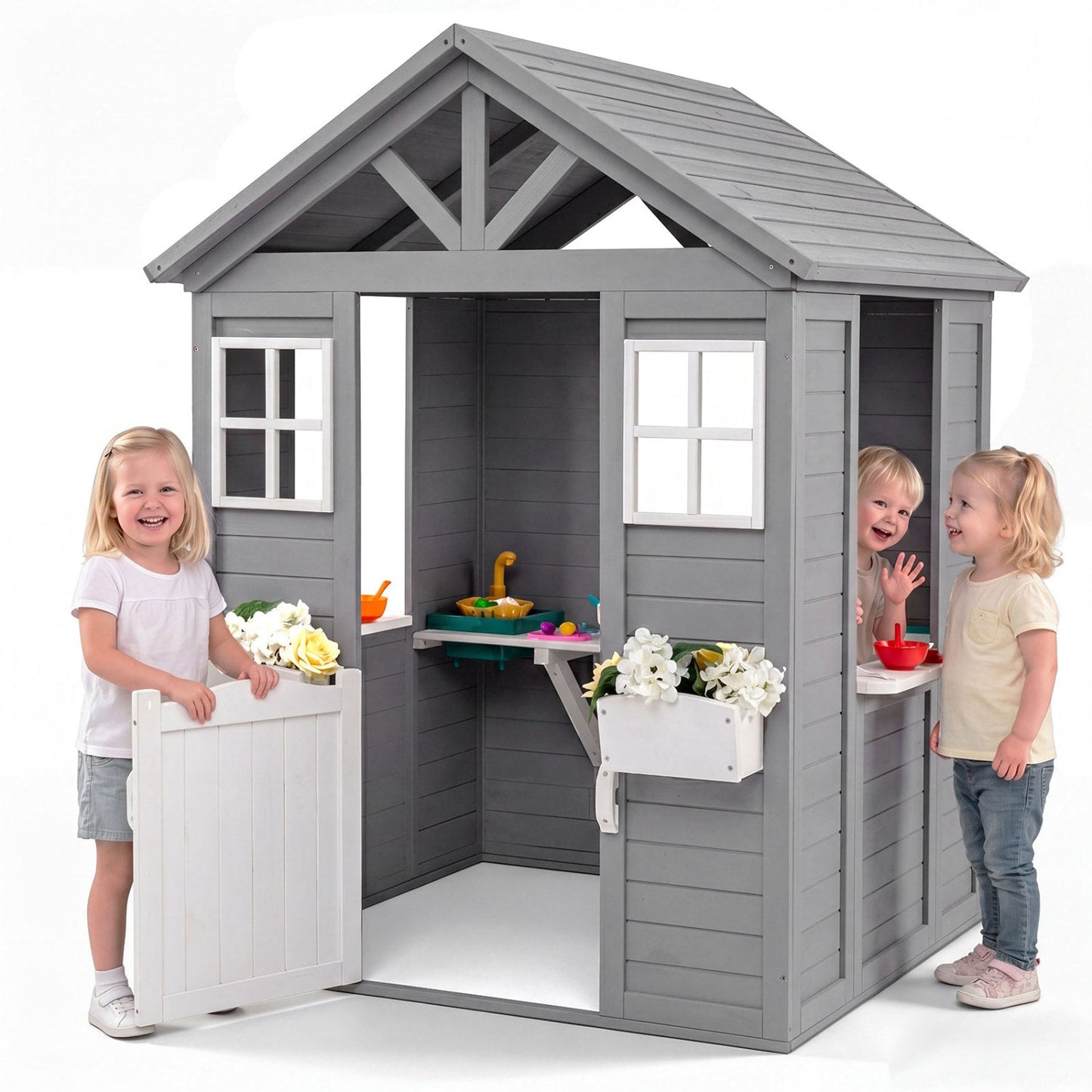 Kids Outdoor Playhouse with Sink Spruce Wooden Cottage with Half Door