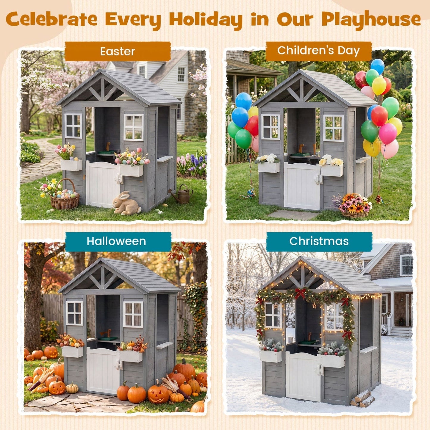 Kids Outdoor Playhouse with Sink Spruce Wooden Cottage with Half Door