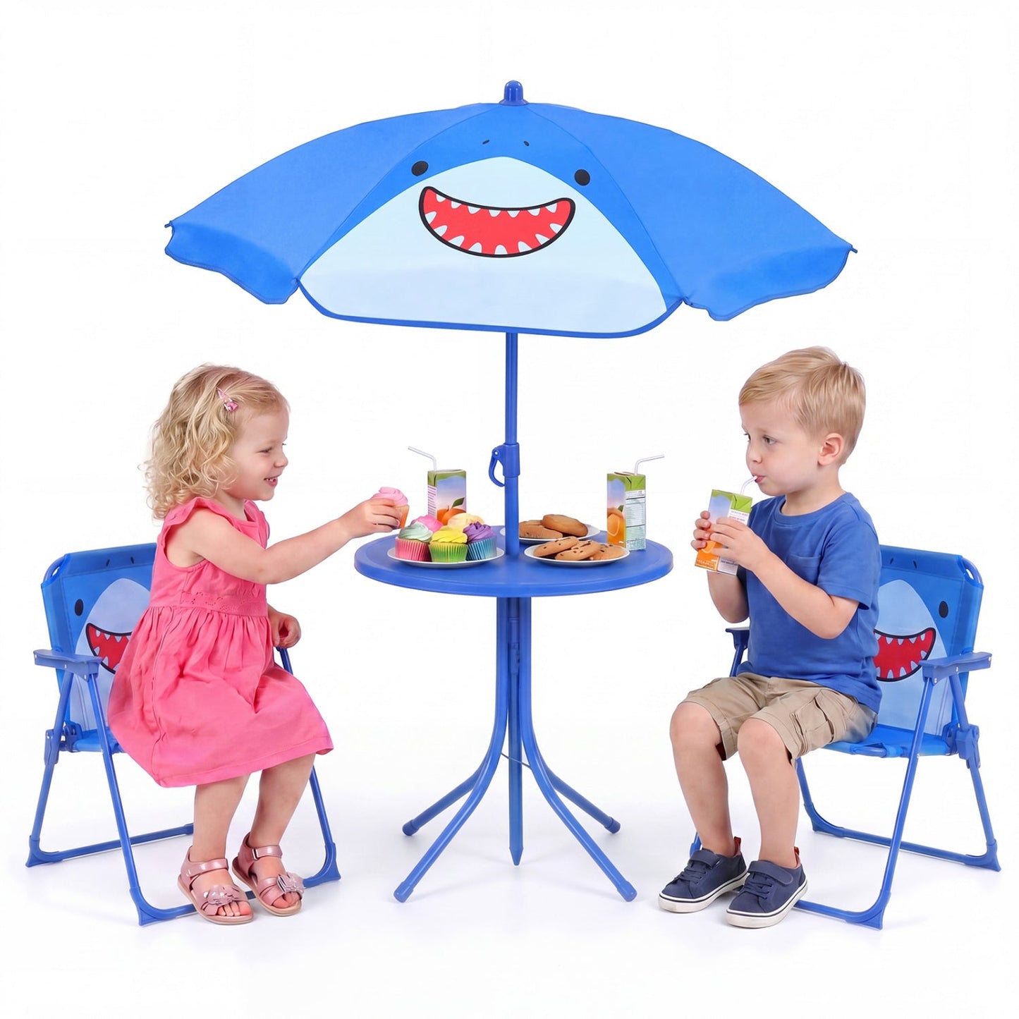 Kids Outdoor Table and Chair Set with 2 Folding Chairs and Height Adjustable Umbrella