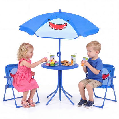 Kids Outdoor Table and Chair Set with 2 Folding Chairs and Height Adjustable Umbrella