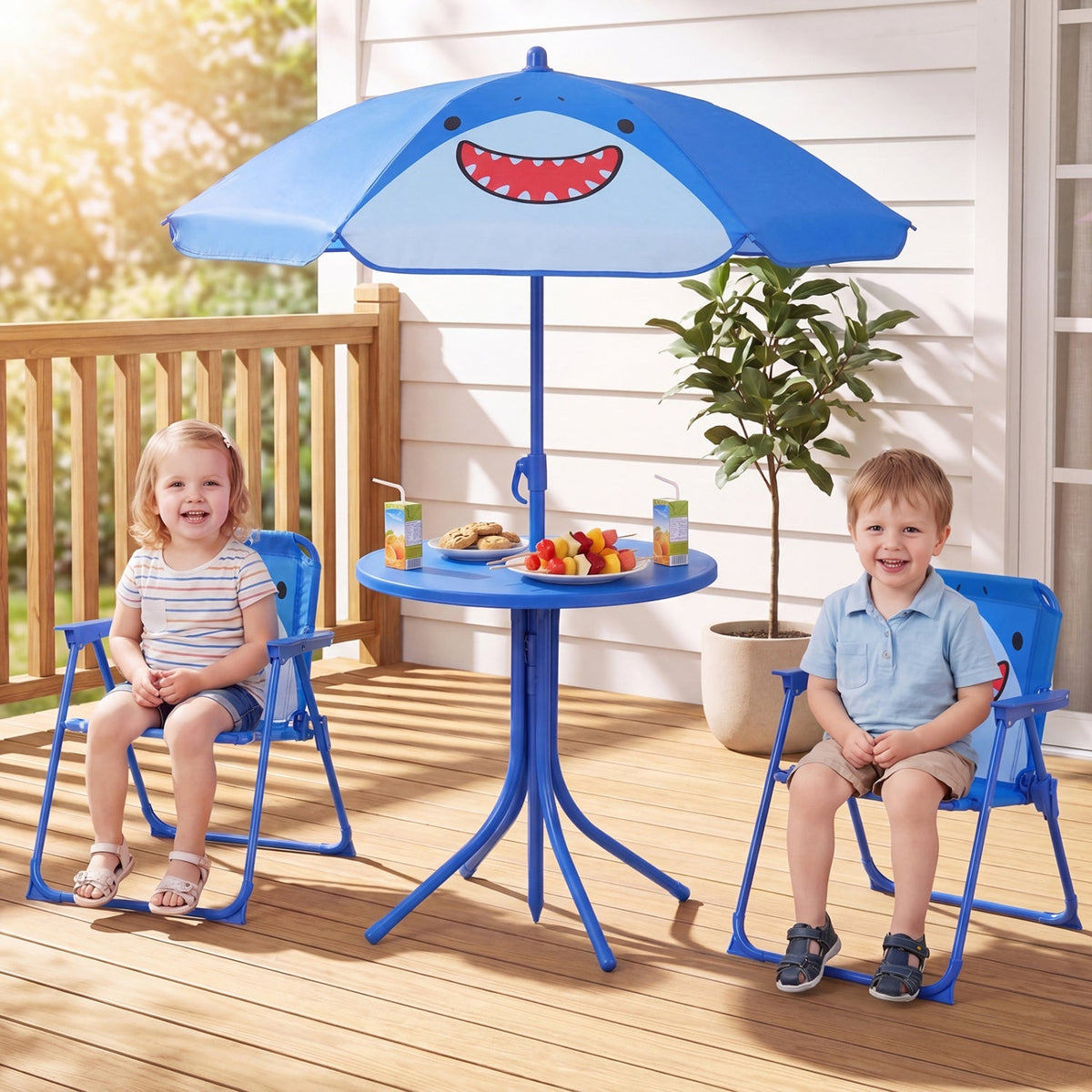 Kids Outdoor Table and Chair Set with 2 Folding Chairs and Height Adjustable Umbrella