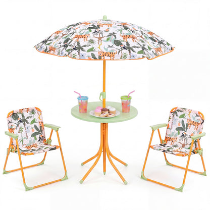 Kids Outdoor Table and Chair Set with 2 Folding Chairs and Height Adjustable Umbrella