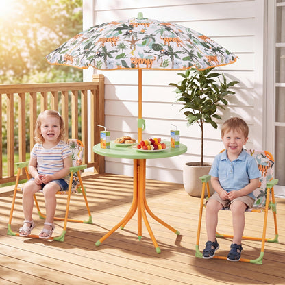 Kids Outdoor Table and Chair Set with 2 Folding Chairs and Height Adjustable Umbrella