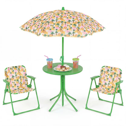 Kids Outdoor Table and Chair Set with 2 Folding Chairs and Height Adjustable Umbrella
