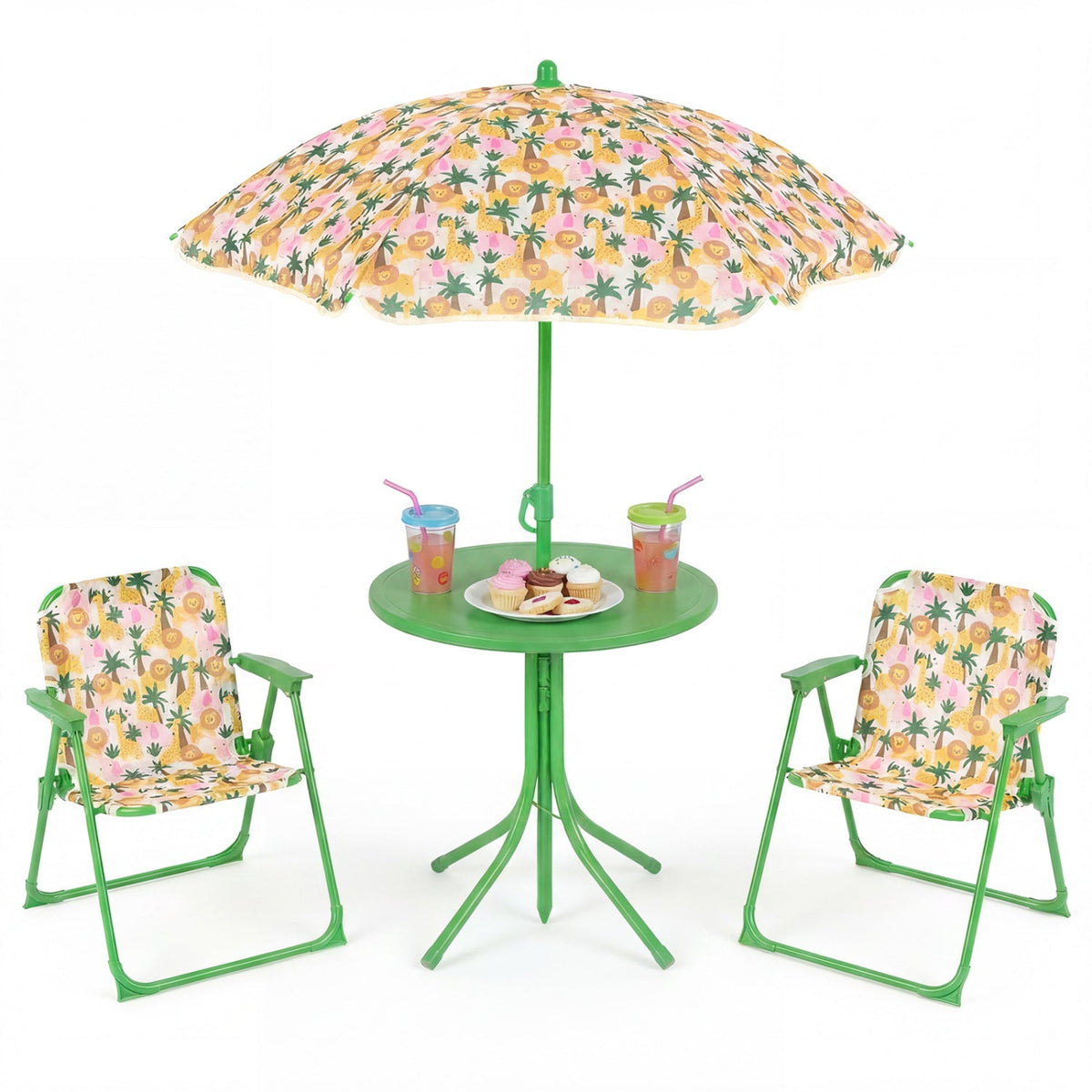 Kids Outdoor Table and Chair Set with 2 Folding Chairs and Height Adjustable Umbrella