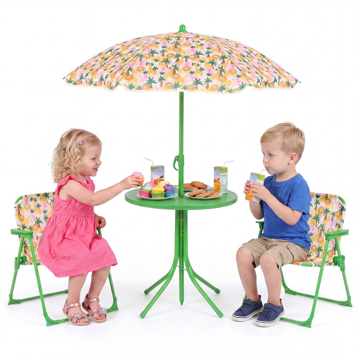 Kids Outdoor Table and Chair Set with 2 Folding Chairs and Height Adjustable Umbrella