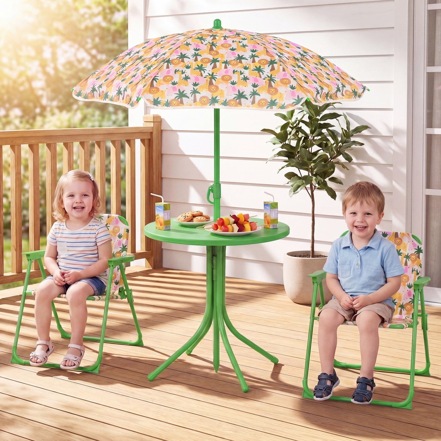 Kids Outdoor Table and Chair Set with 2 Folding Chairs and Height Adjustable Umbrella