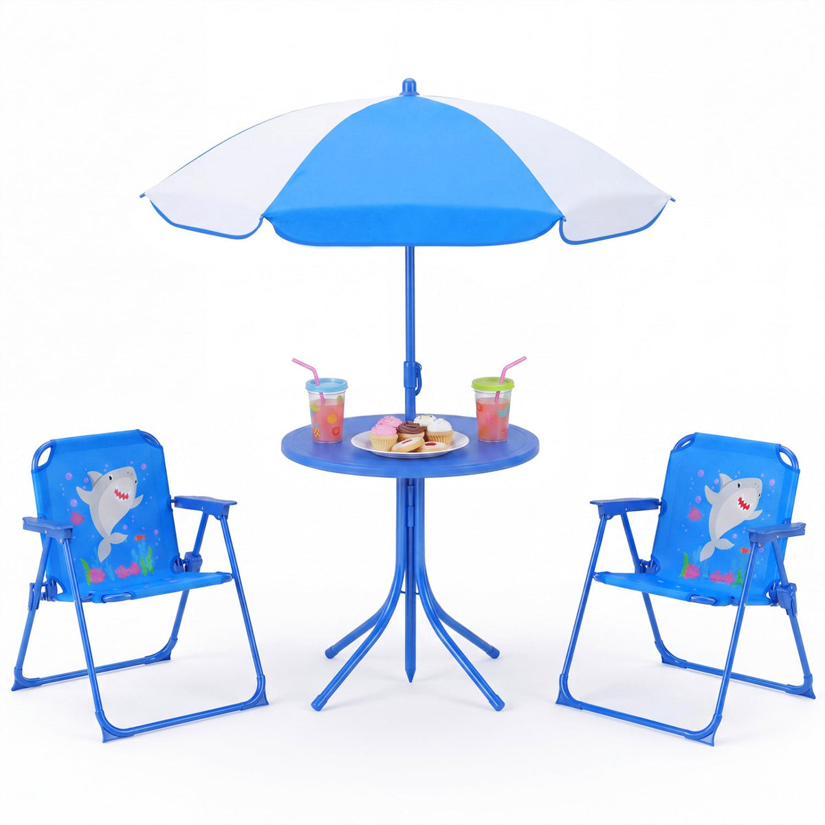 Kids Outdoor Table and Chair Set with 2 Folding Chairs and Height Adjustable Umbrella