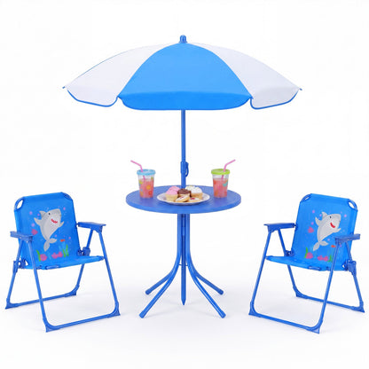 Kids Outdoor Table and Chair Set with 2 Folding Chairs and Height Adjustable Umbrella