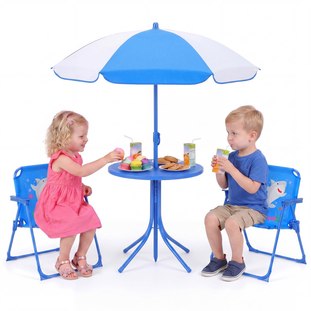 Kids Outdoor Table and Chair Set with 2 Folding Chairs and Height Adjustable Umbrella