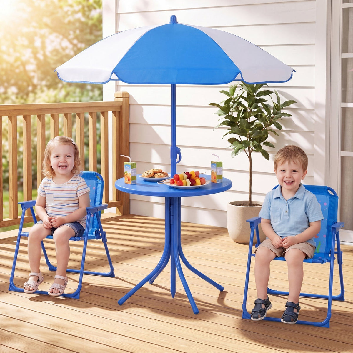 Kids Outdoor Table and Chair Set with 2 Folding Chairs and Height Adjustable Umbrella