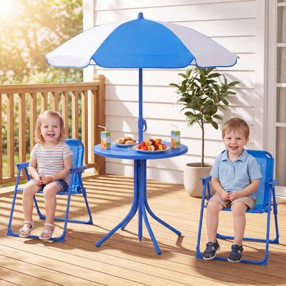 Kids Outdoor Table and Chair Set with 2 Folding Chairs and Height Adjustable Umbrella