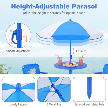 Kids Outdoor Table and Chair Set with 2 Folding Chairs and Height Adjustable Umbrella