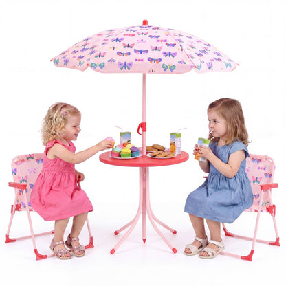 Kids Outdoor Table and Chair Set with 2 Folding Chairs and Height Adjustable Umbrella