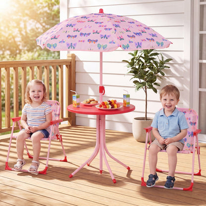 Kids Outdoor Table and Chair Set with 2 Folding Chairs and Height Adjustable Umbrella