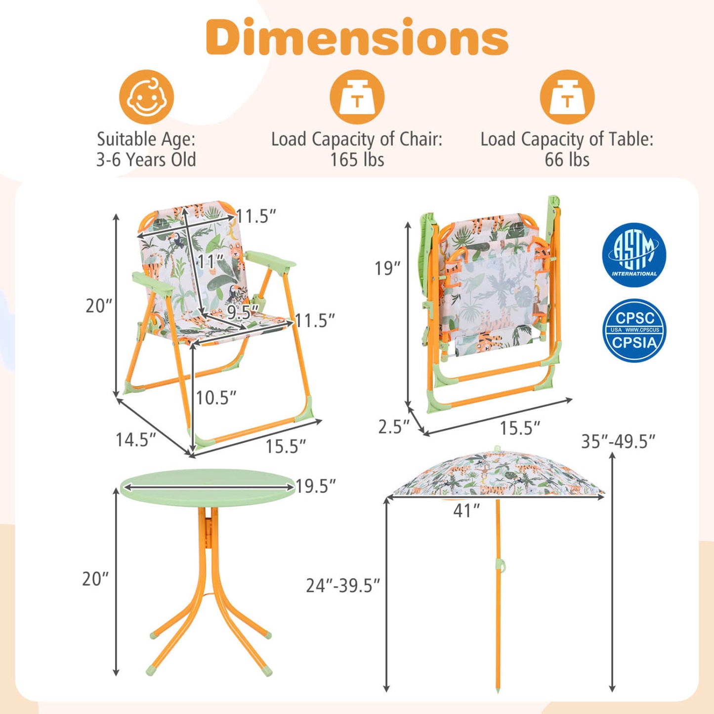 Kids Outdoor Table and Chair Set with 2 Folding Chairs and Height Adjustable Umbrella