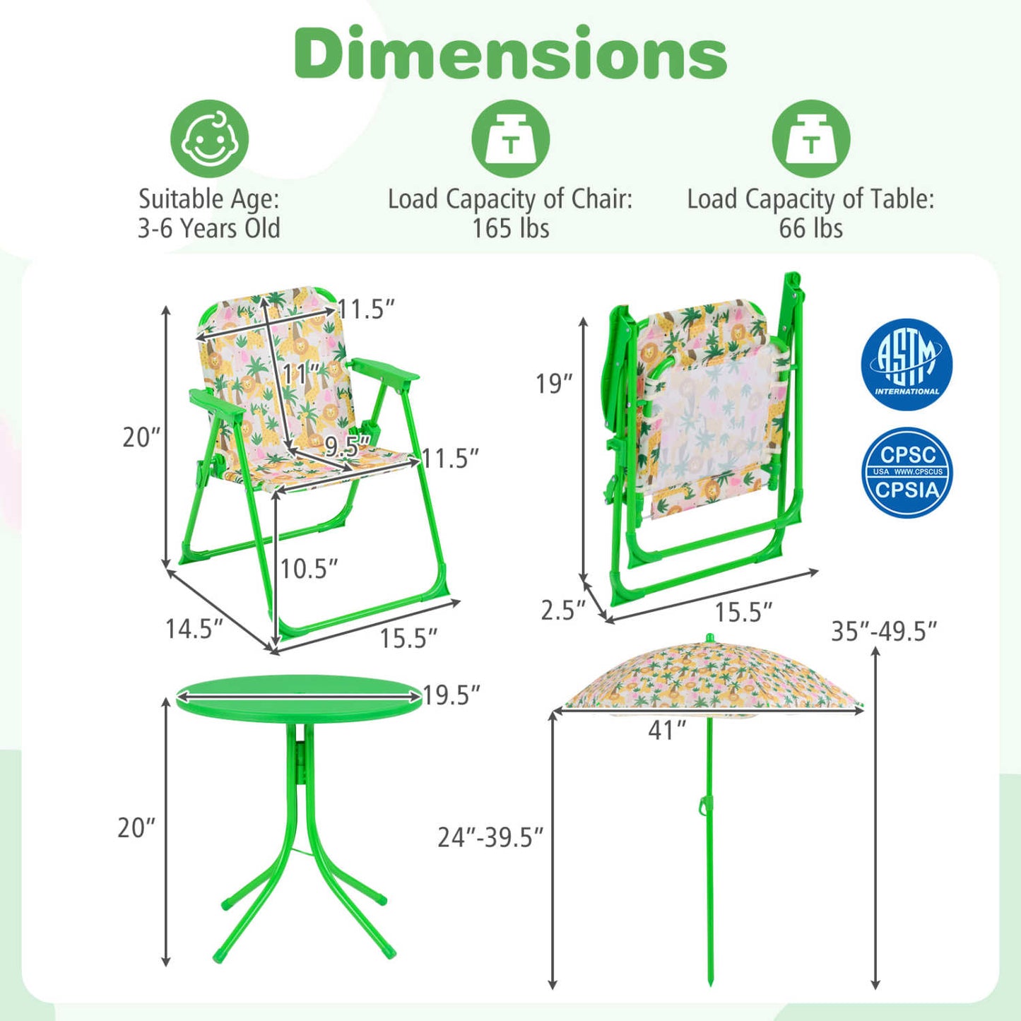 Kids Outdoor Table and Chair Set with 2 Folding Chairs and Height Adjustable Umbrella