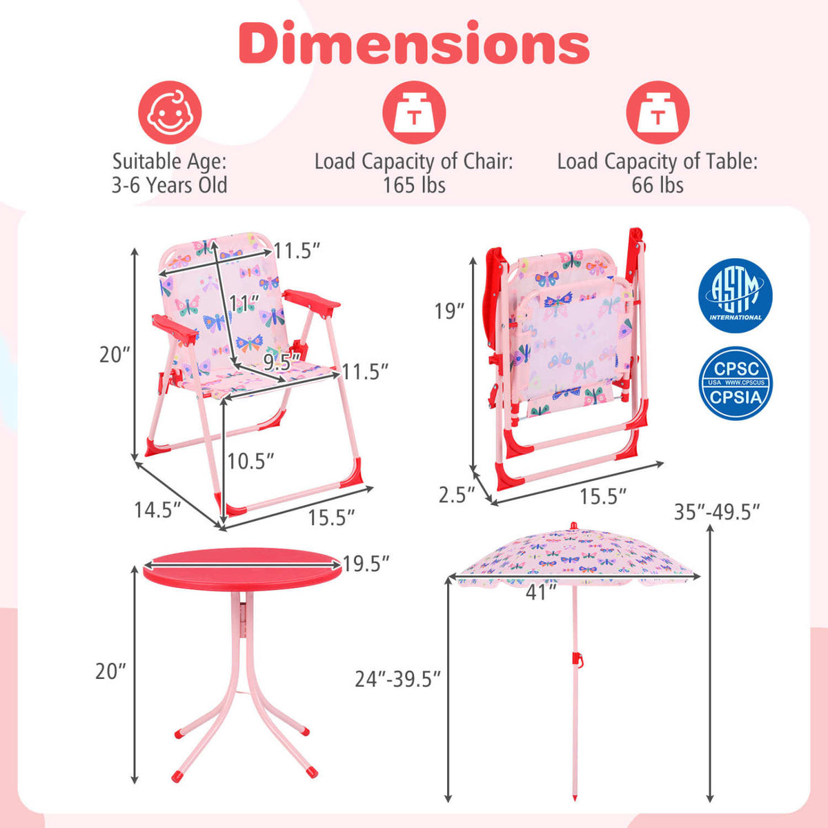 Kids Outdoor Table and Chair Set with 2 Folding Chairs and Height Adjustable Umbrella