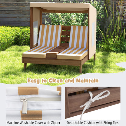 Kids Patio Lounge Chair with Cup Holders and Awning-Brown