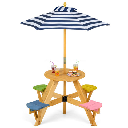 Kids Picnic Table with Stools and Foldable Adjustable Umbrella for Backyard and Patio