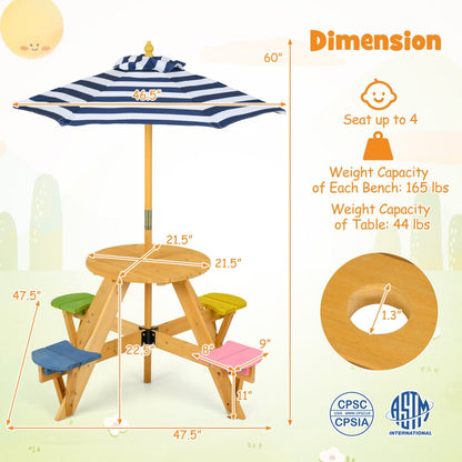 Kids Picnic Table with Stools and Foldable Adjustable Umbrella for Backyard and Patio