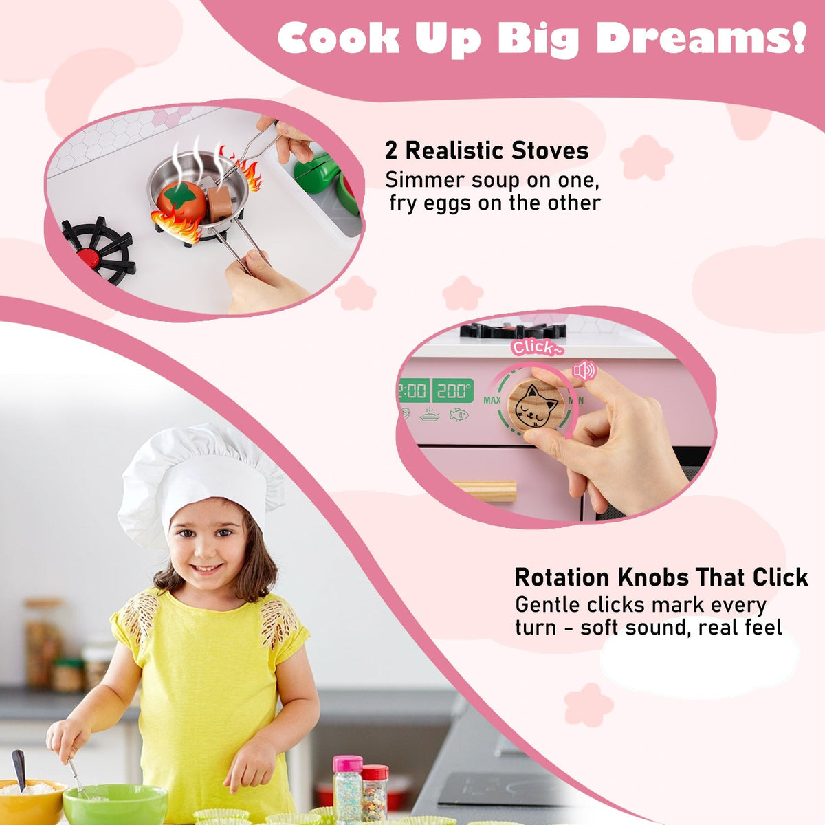 Kids Play Kitchen Children Toy Kitchen Playset with 2 Stoves and Rotation Knobs